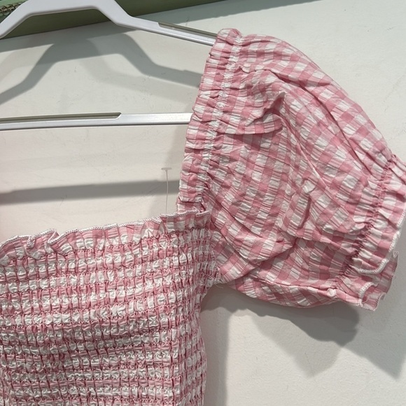 Chaser pink white gingham print puff statements sleeve smocked top small women’s - Picture 2 of 4